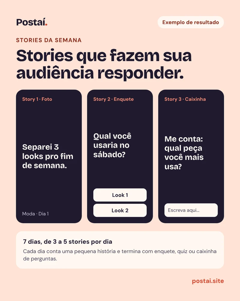 Exemplo de stories para um perfil de moda: uma foto, uma enquete entre dois looks e uma caixinha de perguntas.
